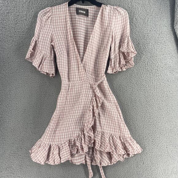 Reformation Dress Womens Small Pink Gingham Linen Wrap Ruffle Mini USA - Picture 1 of 15